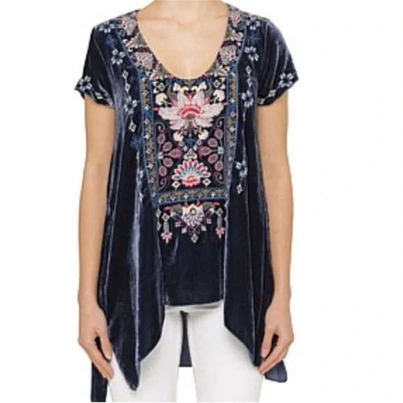 Johnny Was Nindi Embroidered Velvet Navy Blue Women’s Tunic Top size M - Picture 7 of 8